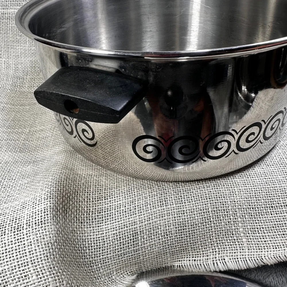Vintage EKCO 6 Qt Stainless Steel Dutch Oven Black Scroll MCM Retro Cookware Lid